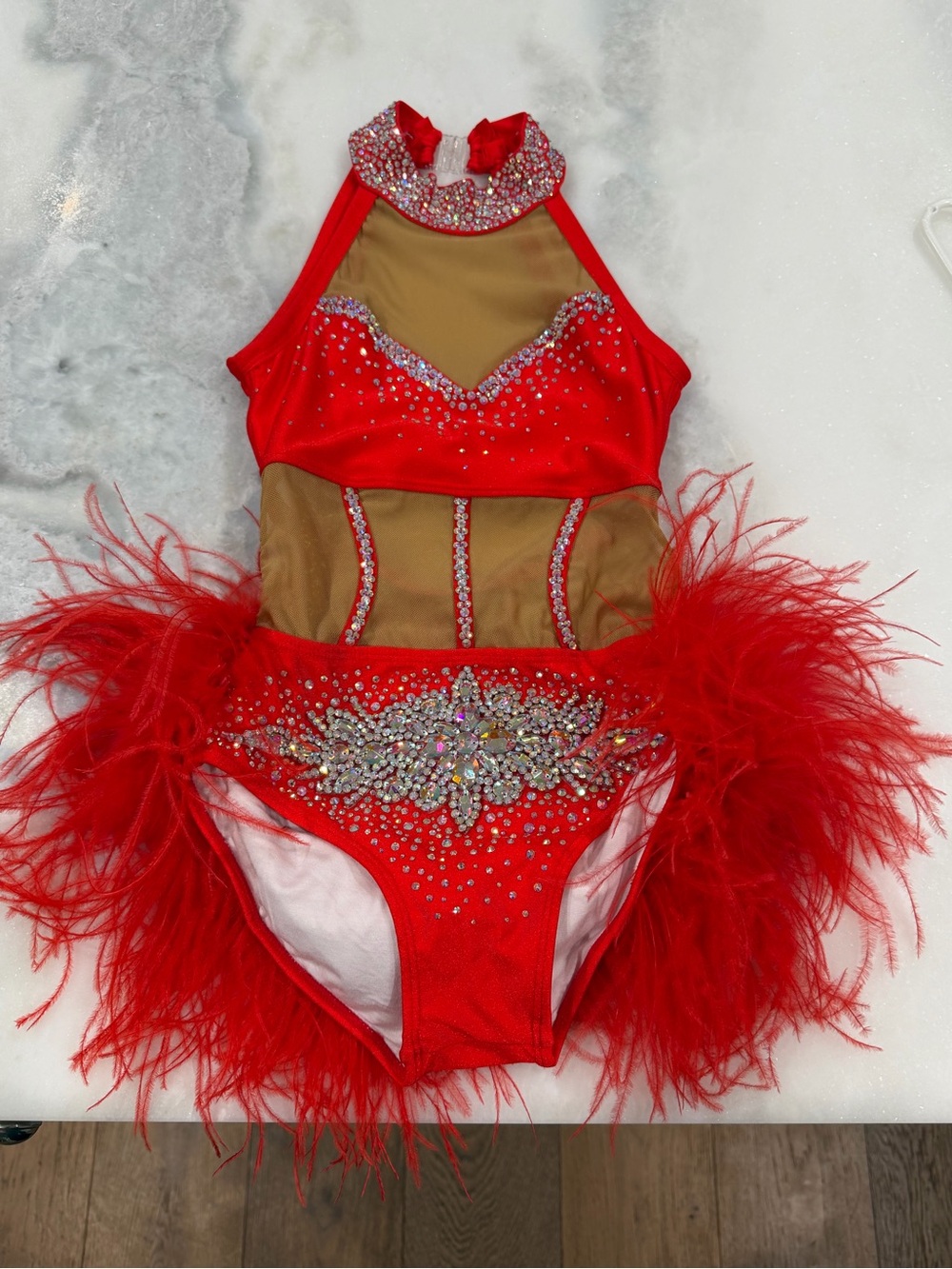Red Rhinestone Dance Costume with Feather Skirt – Semi Custom, New, Child Interm